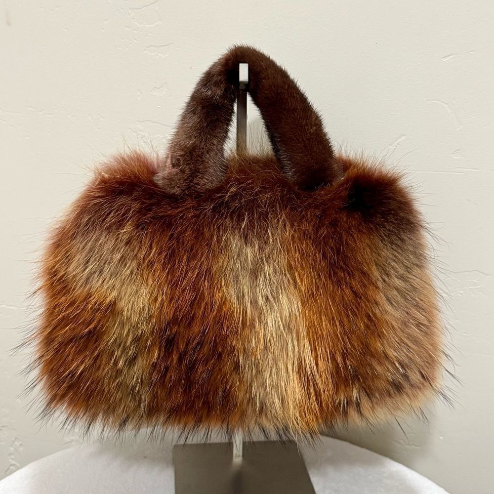 Brown Gradient Real Raccoon Fur & Fur Handles Satchel Bag/Crossbody